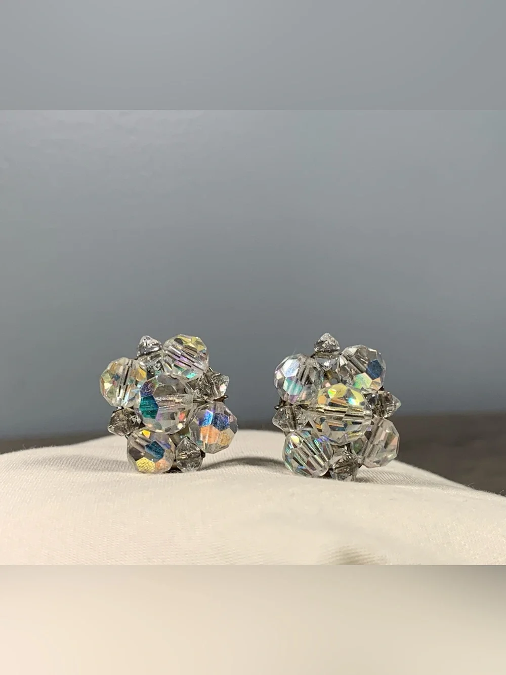 Vintage Beaded Cluster AB Iridescent Clip On Earrings Clear